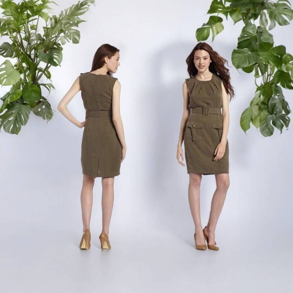Trina Turk belted cargo shift dress women’s 2 olive green Brigadier with pockets